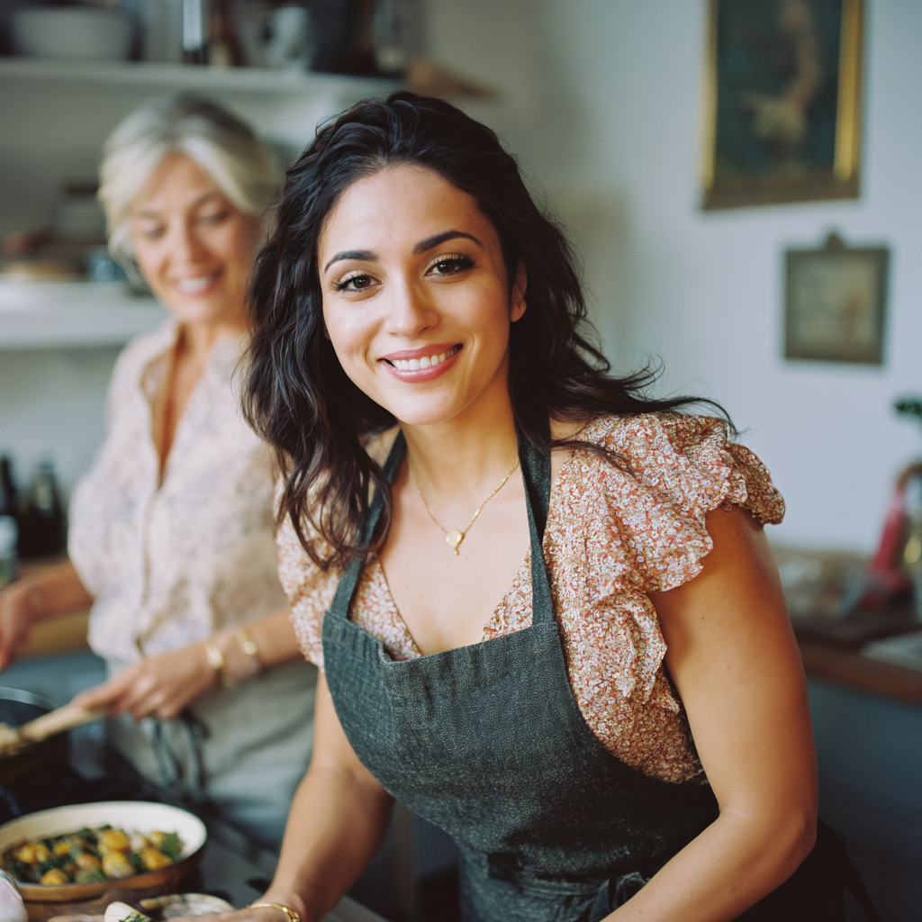Chef Ivana and her mother cooking together in the kitchen, preparing a chocolate cake