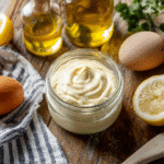 Easy keto mayonnaise in glass jar with eggs and olive oil