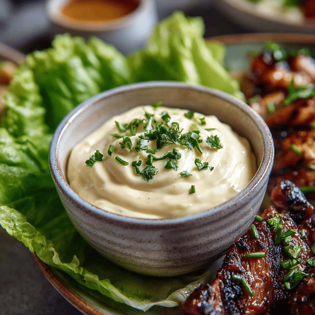 easy-keto-mayonnaise-serving Keto mayonnaise served with lettuce wraps and grilled steak