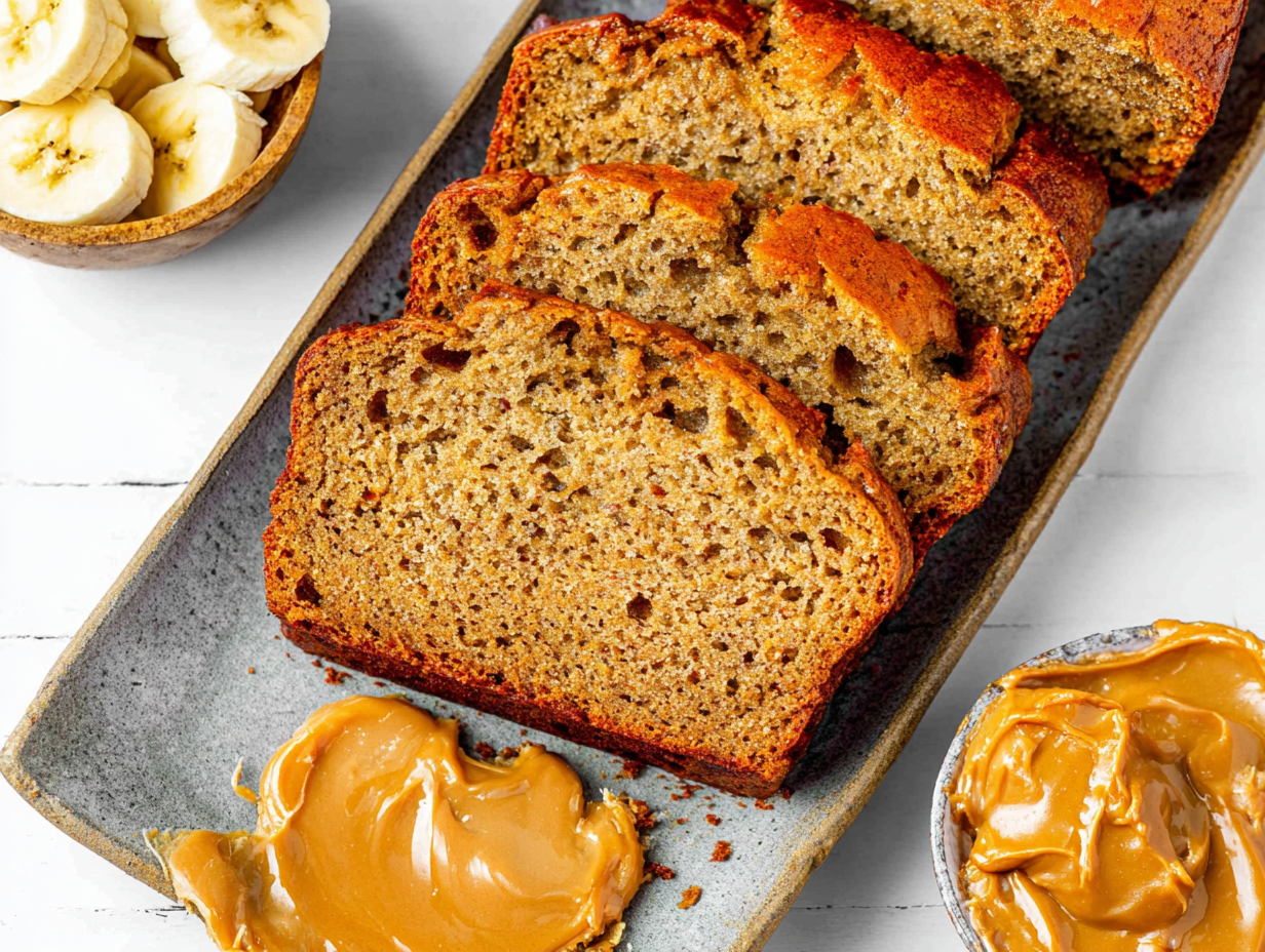 Sliced banana bread with peanut butter and fresh banana on a serving tray