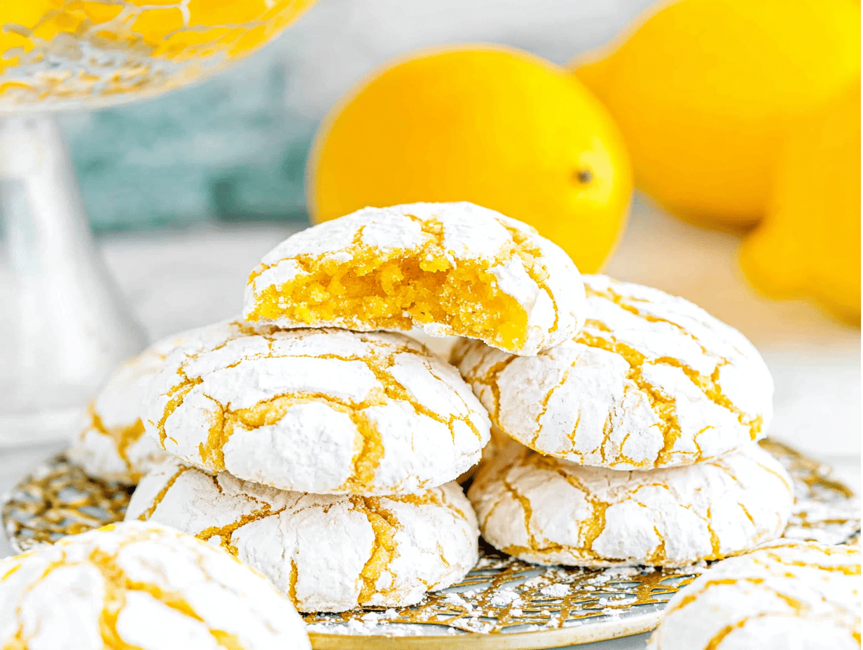 Stack of lemon crinkle cookies dusted with powdered sugar
