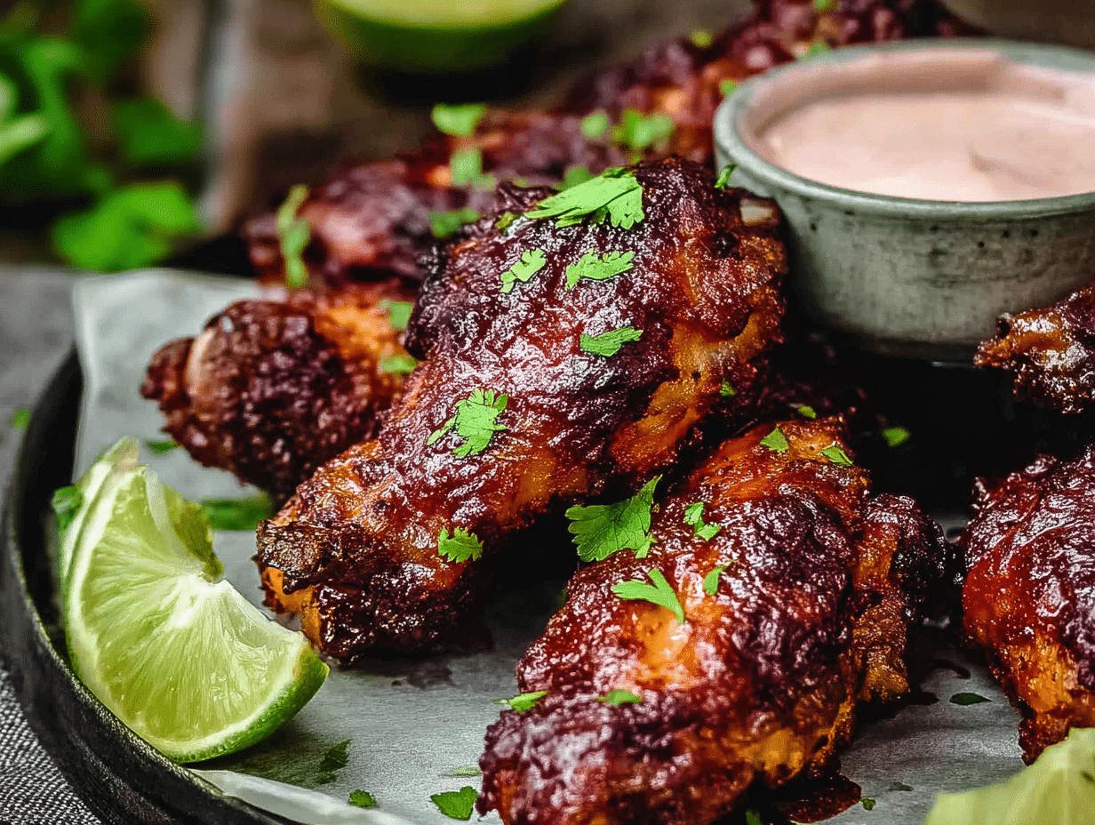 Sticky BBQ chicken wings with lime wedges and dipping sauce