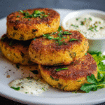 Plated Keto Fish Cakes with fresh herbs and dipping sauce