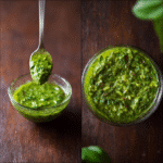 Spoonful of thick basil chimichurri sauce held above a glass bowl filled with chimichurri