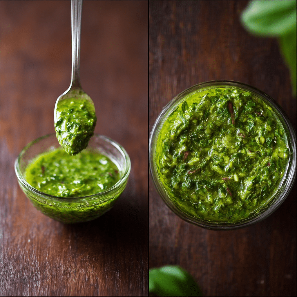 Basil Chimichurri Spoon and Bowl Close-Up Spoonful of thick basil chimichurri sauce held above a glass bowl filled with chimichurri