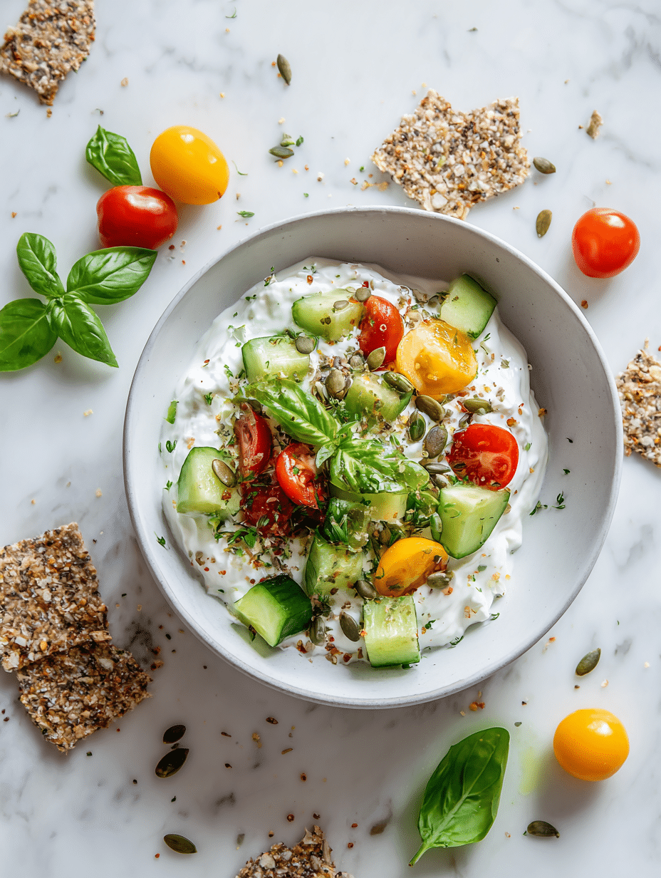 Cottage Cheese Breakfast Bowl with Fresh Vegetables Blended cottage cheese breakfast bowls with cherry tomatoes, cucumber, basil, and seed crackers on marble background