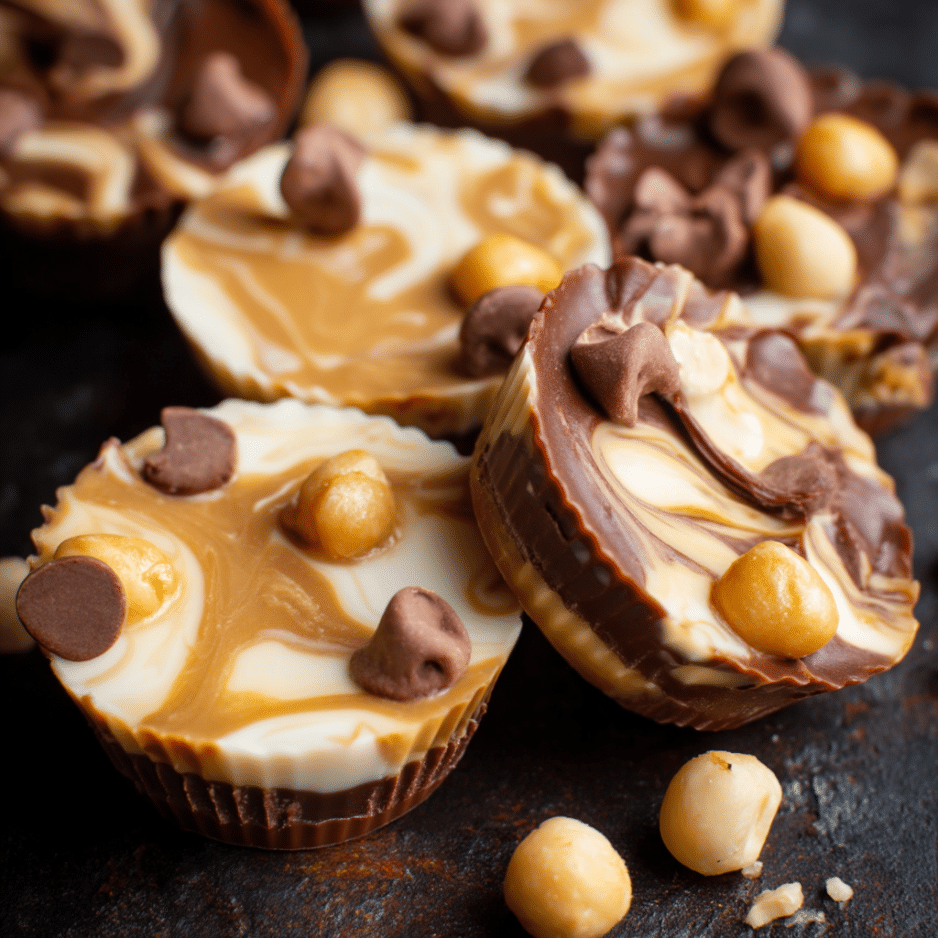Chocolate Peanut Butter Cups with Macadamias Stack of chocolate peanut butter cups filled with roasted macadamia nuts, with creamy white chocolate swirls.