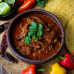 Close-up of Instant Pot Mexican shredded beef topped with cilantro in a clay bowl, tortilla stack and peppers on the side