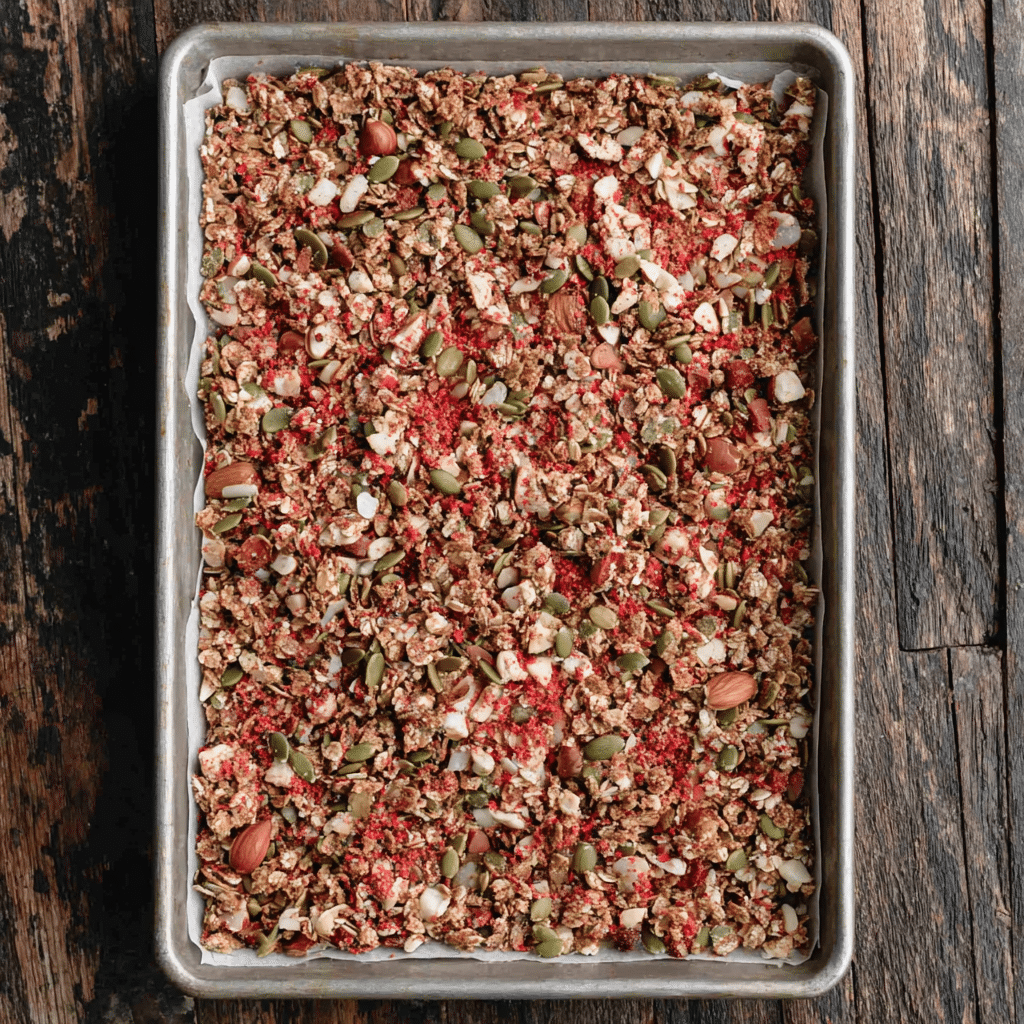 Baked High Protein Granola on a Tray Baked High Protein Granola Recipe with nuts, seeds, coconut, and freeze-dried fruit on a parchment-lined tray over rustic wood.