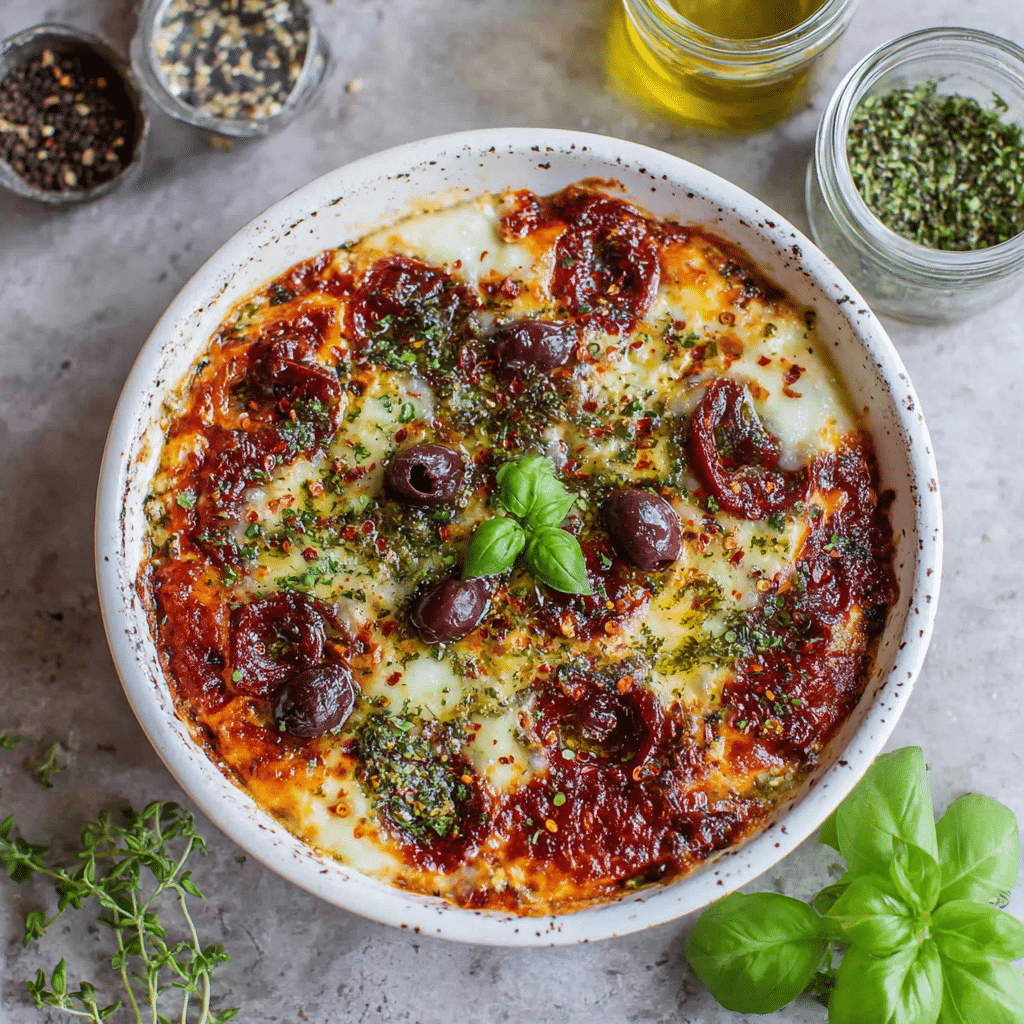 cottage-cheese-pizza-bowl Cottage Cheese Pizza Bowl with melted cheese and pepperoni