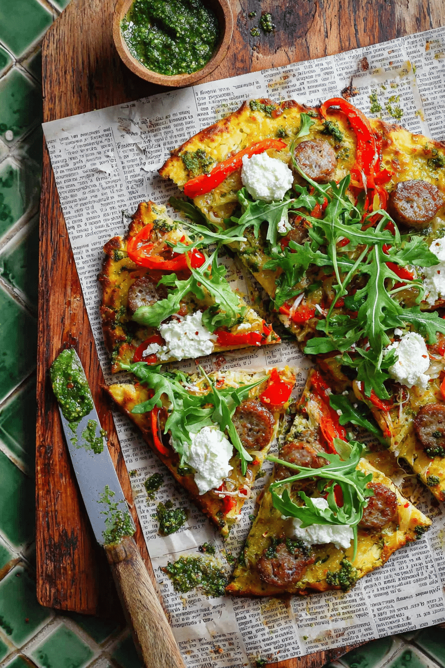 Cottage Cheese Flatbread Topped with Sausage and Arugula Cottage cheese flatbread pizza with pesto, sausage, and arugula