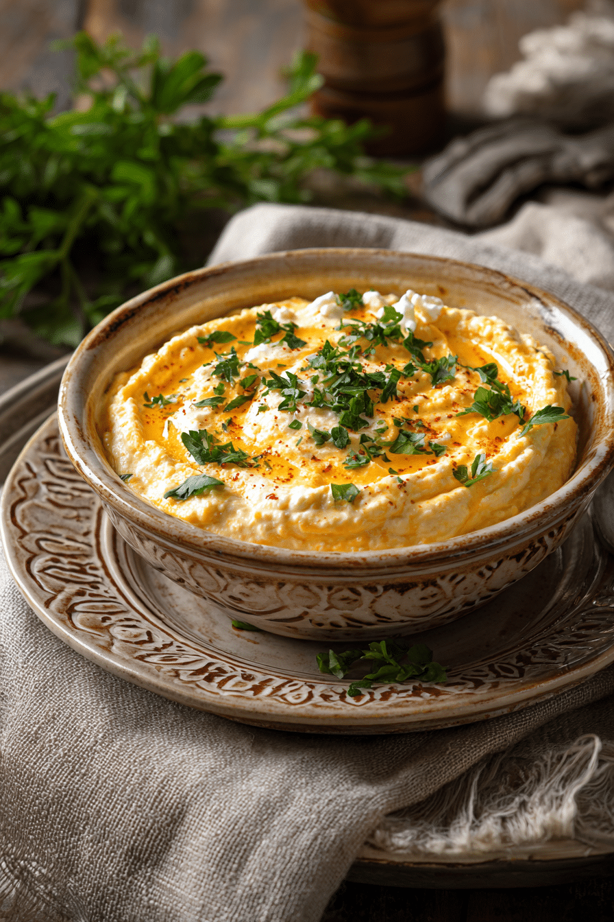 Creamy Cottage Cheese Queso Served Warm Cottage Cheese Queso topped with parsley in a rustic bowl