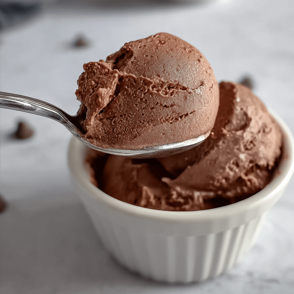 eating-high-protein-chocolate-ice-cream-recipe Spoon holding high-protein chocolate ice cream