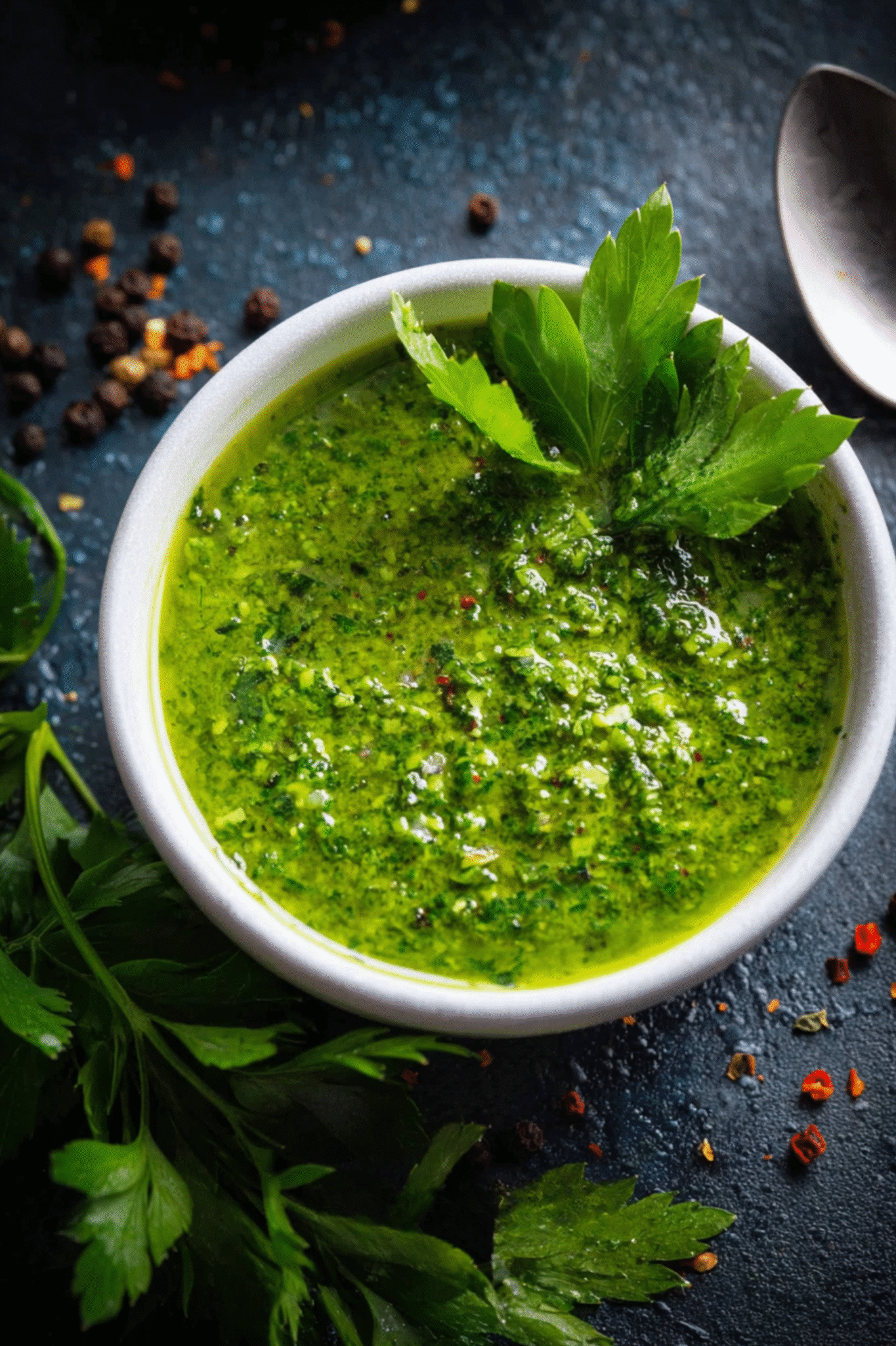 Cilantro Chimichurri – Fresh Green Herb Sauce Fresh cilantro chimichurri sauce in a white bowl with herbs