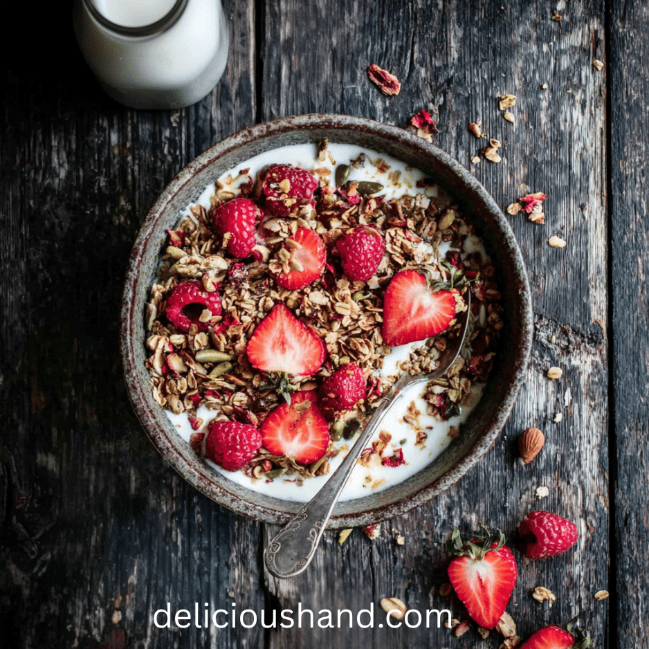 Protein Granola with Berries and Yogurt High Protein Granola Recipe served in a rustic bowl with yogurt, strawberries, raspberries, and a milk bottle in the background.
