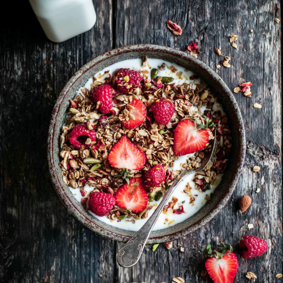 Protein Granola with Berries and Yogurt Recipe High Protein Granola Recipe served with yogurt, strawberries, raspberries, and a milk bottle in the background.