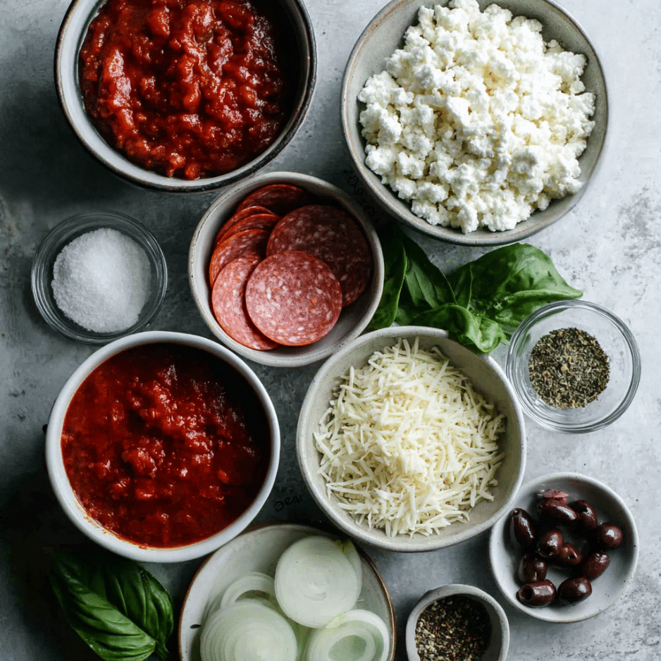 ingredients-cottage-cheese-pizza-bowl Cottage Cheese Pizza Bowl ingredients including cottage cheese, mozzarella, tomato puree, pepperoni, fresh basil, onions, olives, and spices