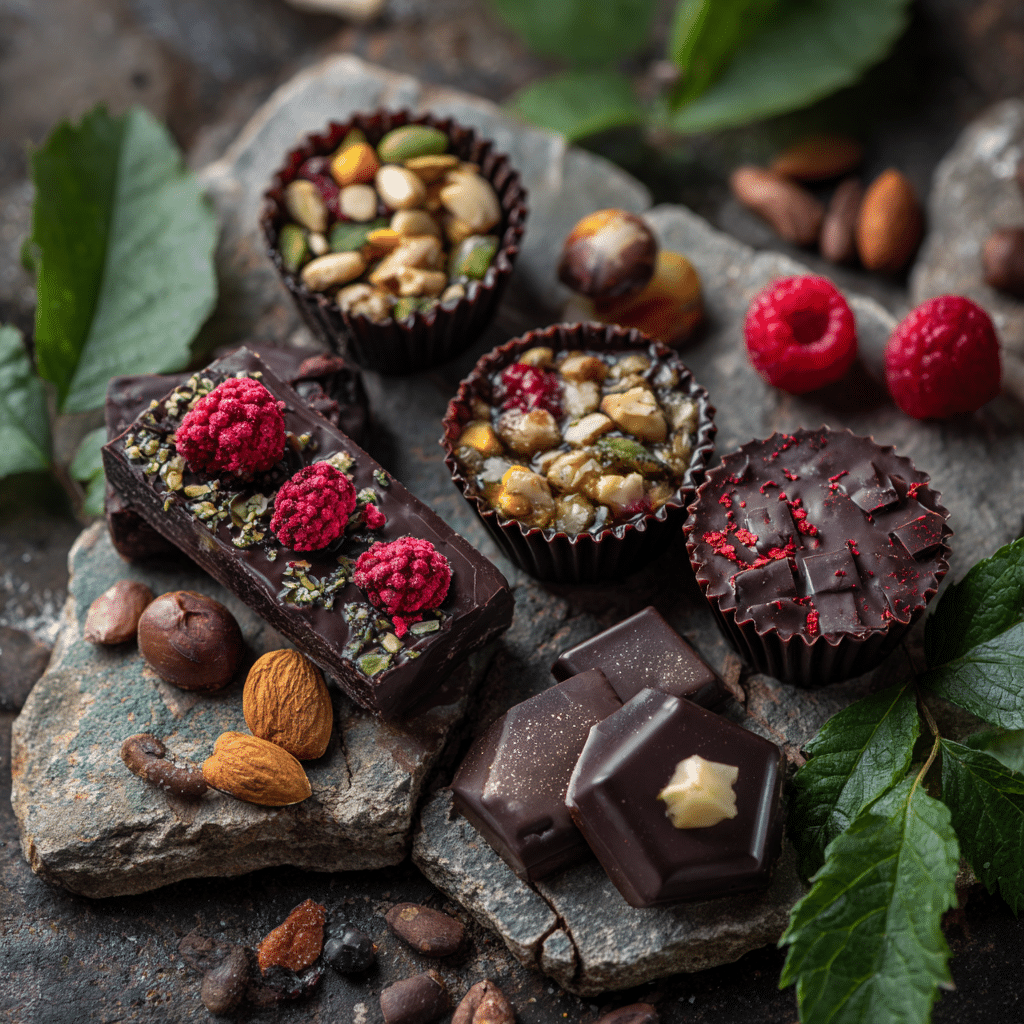 Assorted Homemade Keto Dark Chocolate Bars and Cups Homemade keto dark chocolates including bars with freeze-dried raspberries and nut-filled cups on rustic surface.