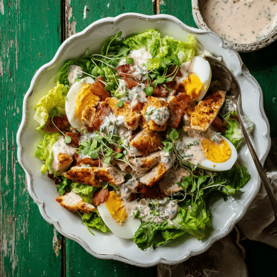 Keto Chicken Caesar Salad | Crunchy Greens & Creamy Dressing Keto chicken Caesar salad with grilled chicken, beef bacon, soft-boiled egg, avocado, and creamy low-carb dressing in a rustic white bowl.