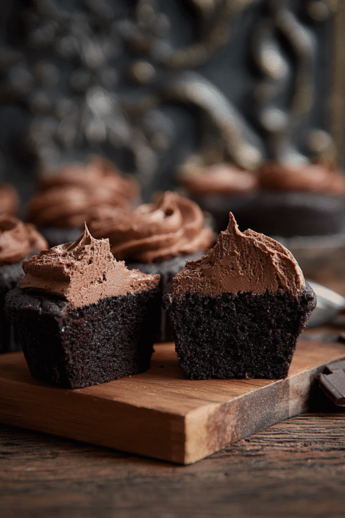 Moist keto chocolate cupcakes sliced in half with whipped ganache frosting
