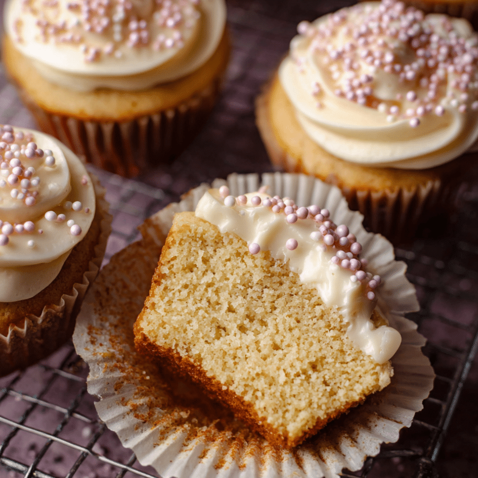 Keto Cupcake with Frosting and Pink Sprinkles Keto cupcake sliced in half with vanilla frosting and pink sprinkles on a cooling rack