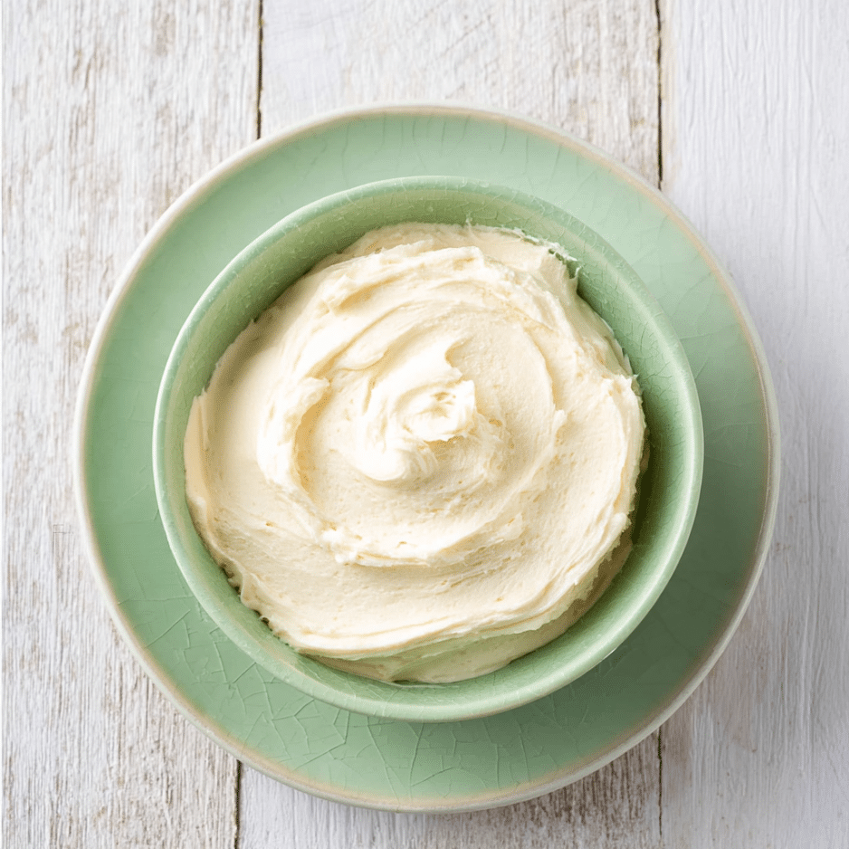 Keto Frosting in a Green Bowl – Creamy Vanilla Swirl Top view of creamy vanilla keto frosting in a green bowl on matching plate