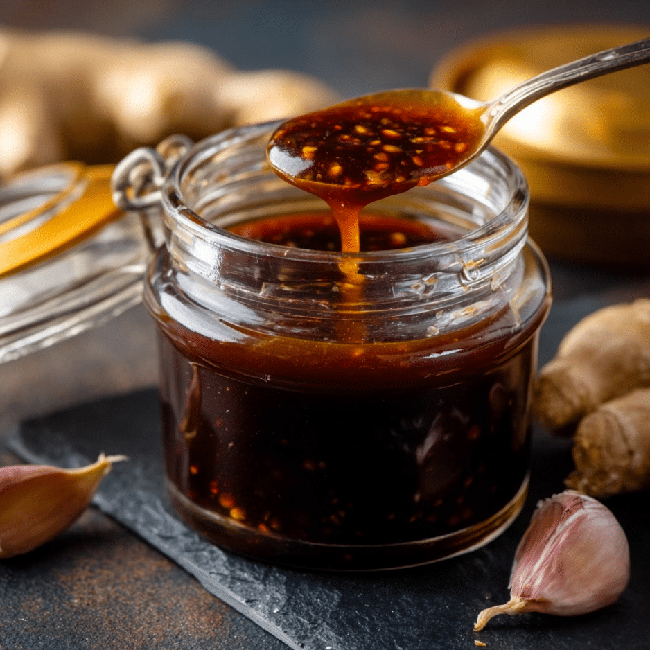 Homemade Keto Teriyaki Sauce in a Jar Glass jar of thick keto teriyaki sauce with spoon and ginger in the background