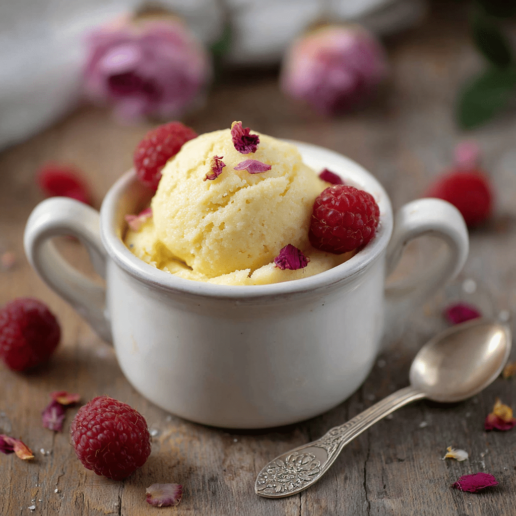 Fluffy Keto Vanilla Mug Cake with Raspberries Keto vanilla mug cake with raspberries and rose petals