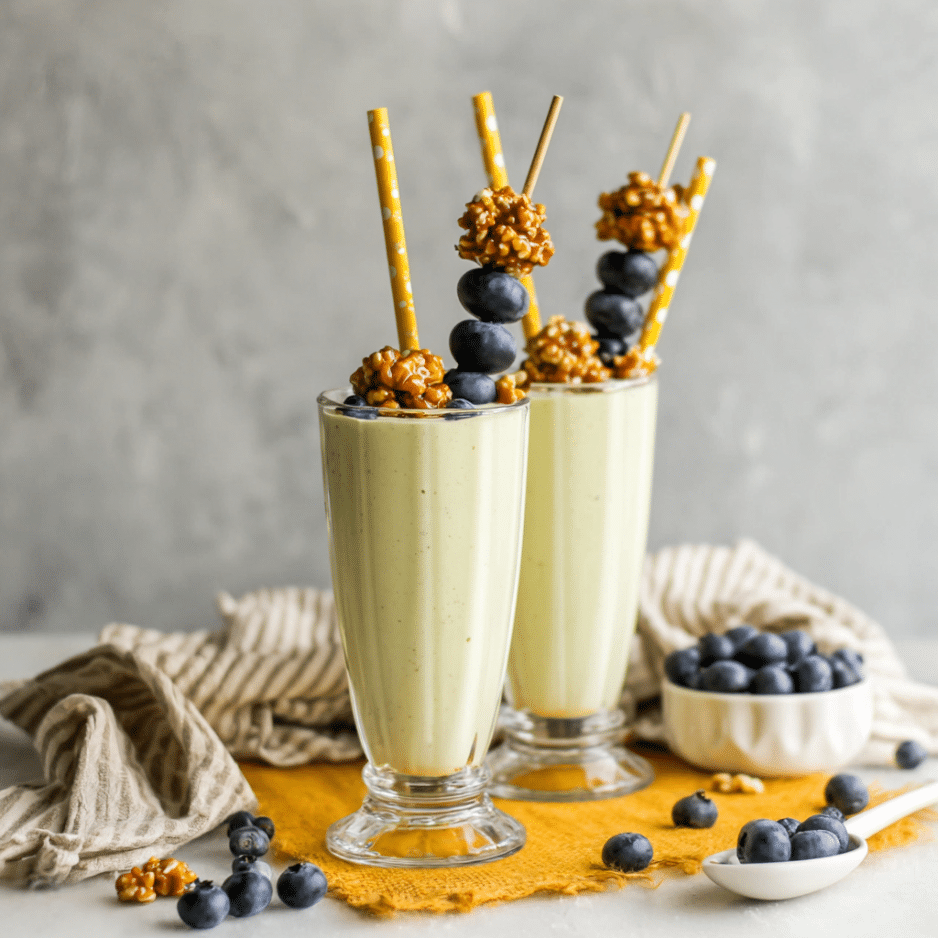 Low Carb Blueberry Protein Smoothies with Crunchy Nut Toppings Two tall glasses of creamy low carb blueberry protein smoothies with skewers of blueberries and nut clusters, on a yellow cloth with fresh blueberries.