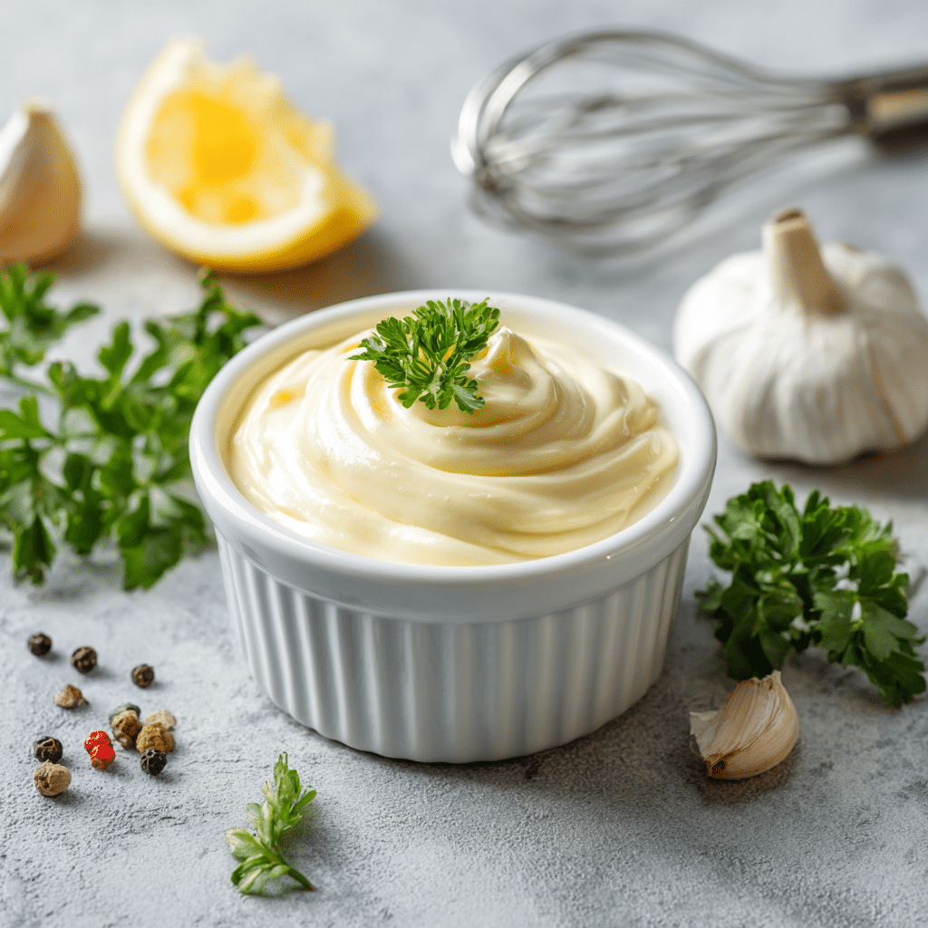 low_carb_mayLow Carb Mayonnaise with Fresh Ingredientsonnaise Thick low carb mayonnaise in white ramekin with egg yolk, garlic, and parsley on gray surface