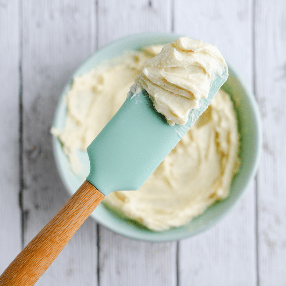 Keto Frosting on Mint Spatula – Overhead Shot Mint green spatula with keto frosting, bowl of frosting in background