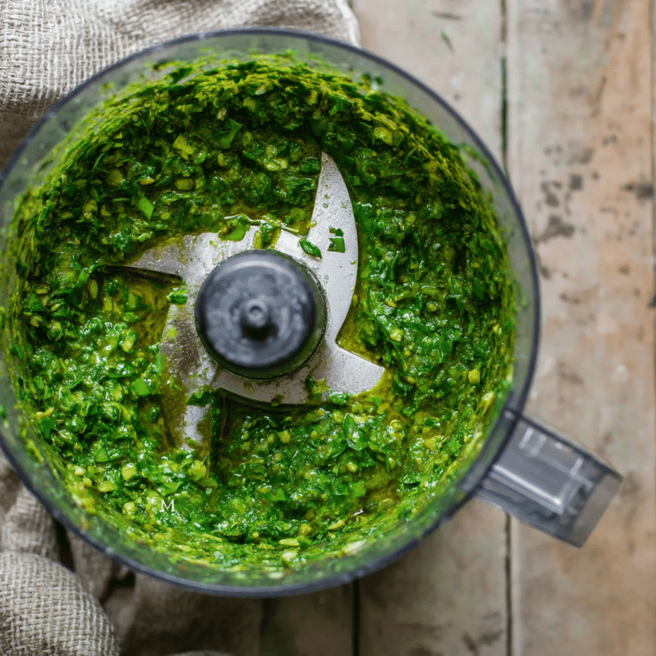 Fresh Basil Chimichurri in Food Processor Freshly blended basil chimichurri sauce inside a food processor with visible stainless steel blades