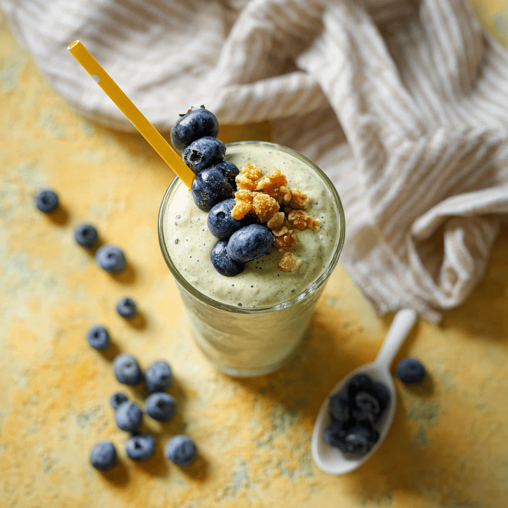 Overhead View of Low Carb Blueberry Protein Smoothie Top-down view of a glass of creamy blueberry protein smoothie garnished with blueberries and nut clusters, yellow straw, and scattered fresh blueberries.