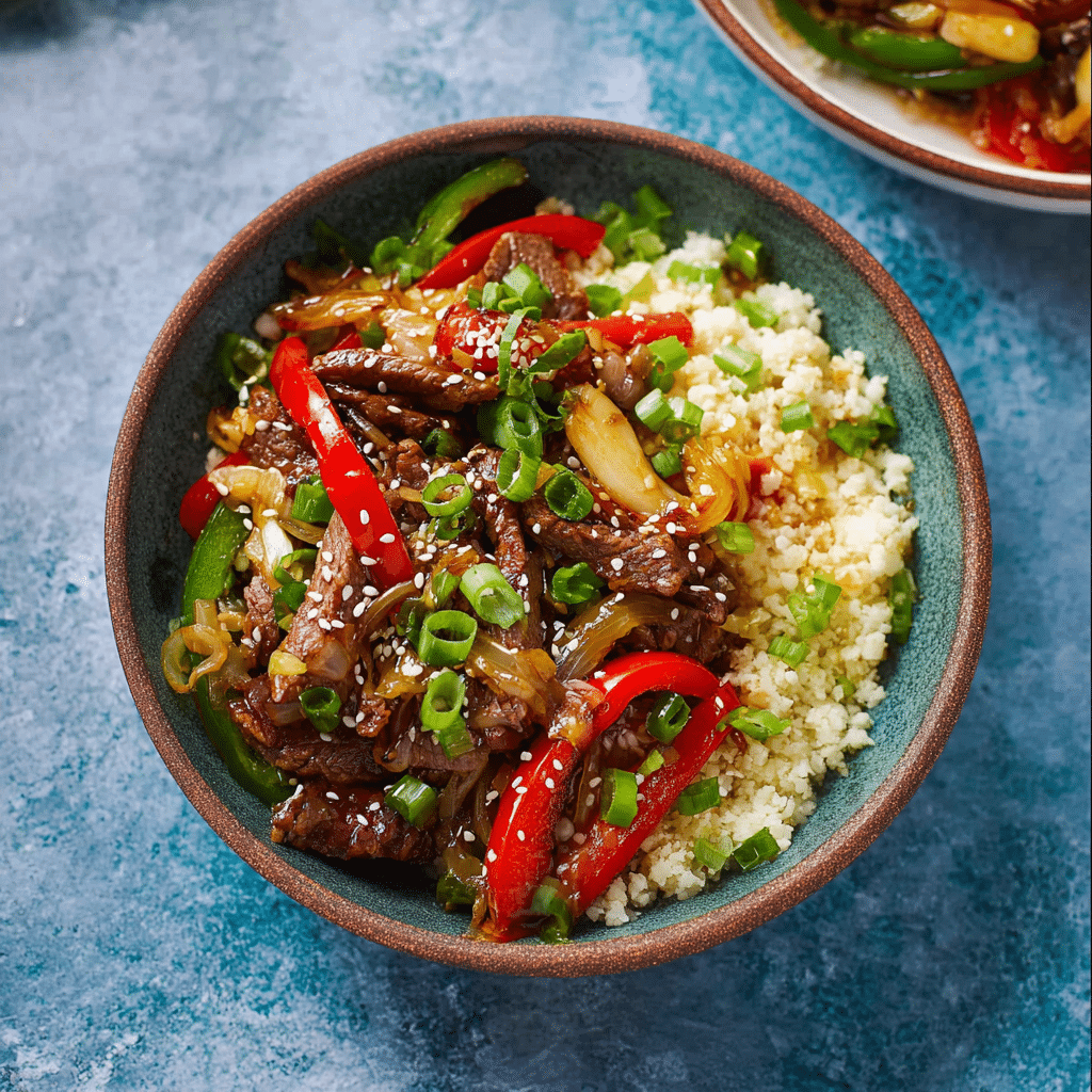 Keto Teriyaki Sauce Stir-Fry with Cauliflower Rice Keto Teriyaki Sauce stir-fry with beef, colorful vegetables, and cauliflower rice in a rustic bowl