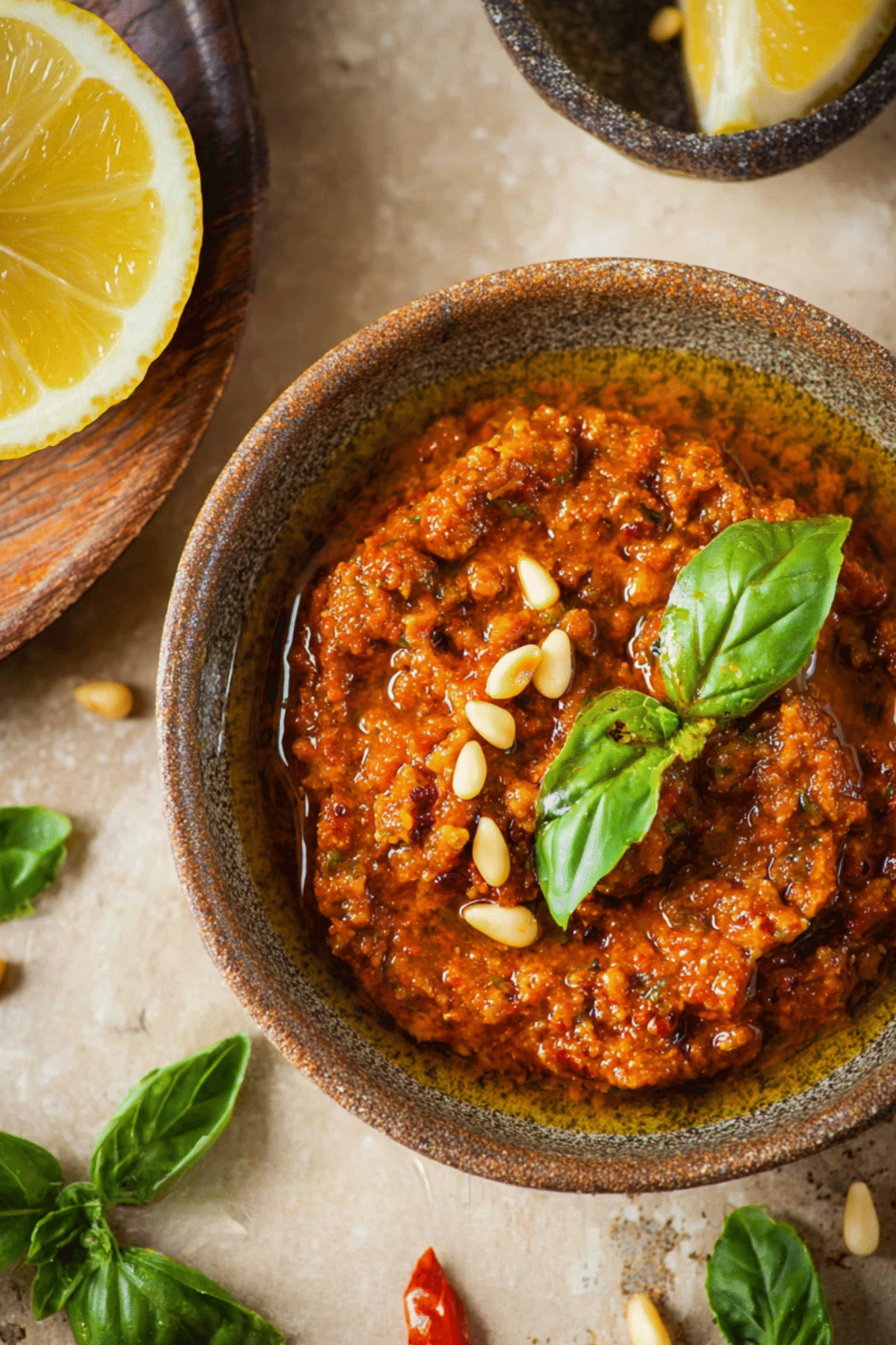 Classic Pesto Rosso with Basil and Pine Nuts Homemade pesto rosso with basil and pine nuts in a ceramic bowl