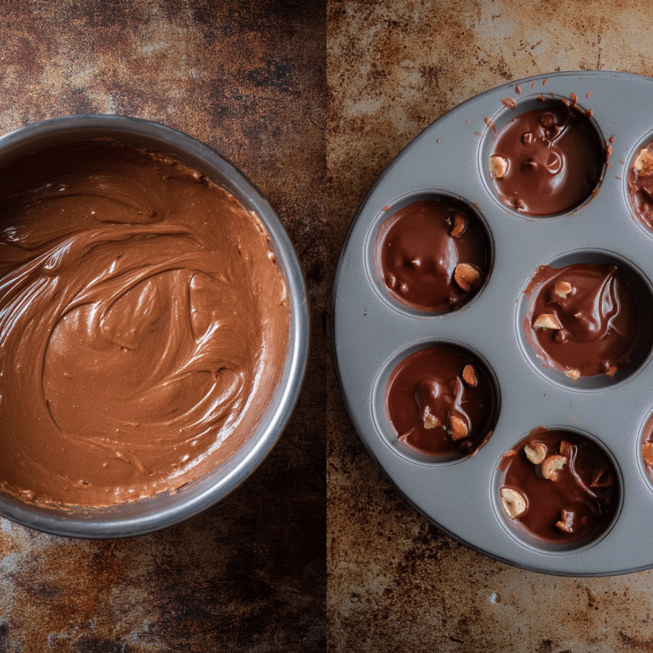 Preparing Chocolate Peanut Butter Cups with Macadamias Preparation steps for homemade chocolate peanut butter cups: melted chocolate in a bowl and chocolate mixture poured into silicone molds with macadamia nuts.