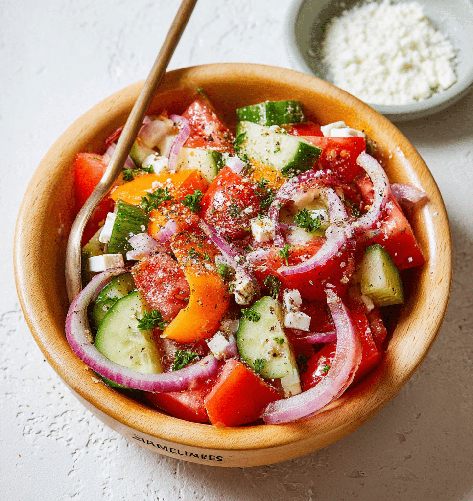 preparation-shopska-salad Preparation of Shopska salad in wooden bowl with tomatoes, cucumbers, onions, and cracked pepper.