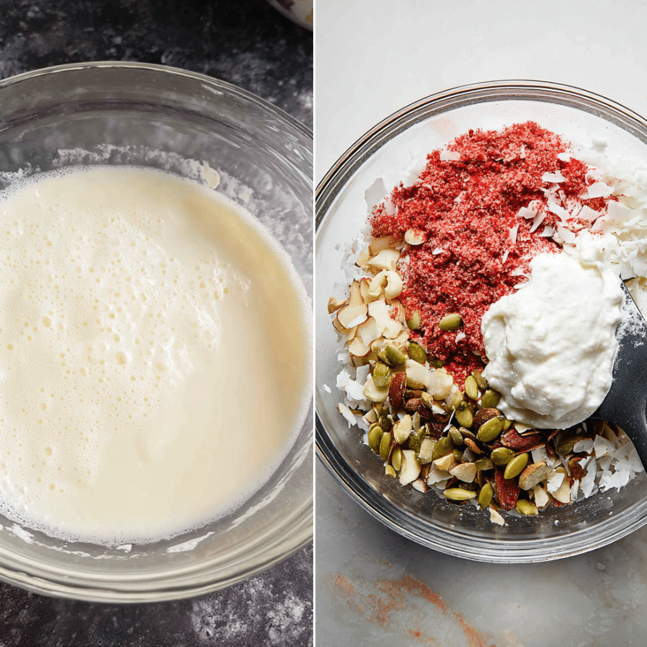 Granola Base Ingredients and Whipped Egg Whites Whipped egg whites and dry mix for High Protein Granola Recipe including seeds, coconut flakes, almonds, and freeze-dried fruit powder.