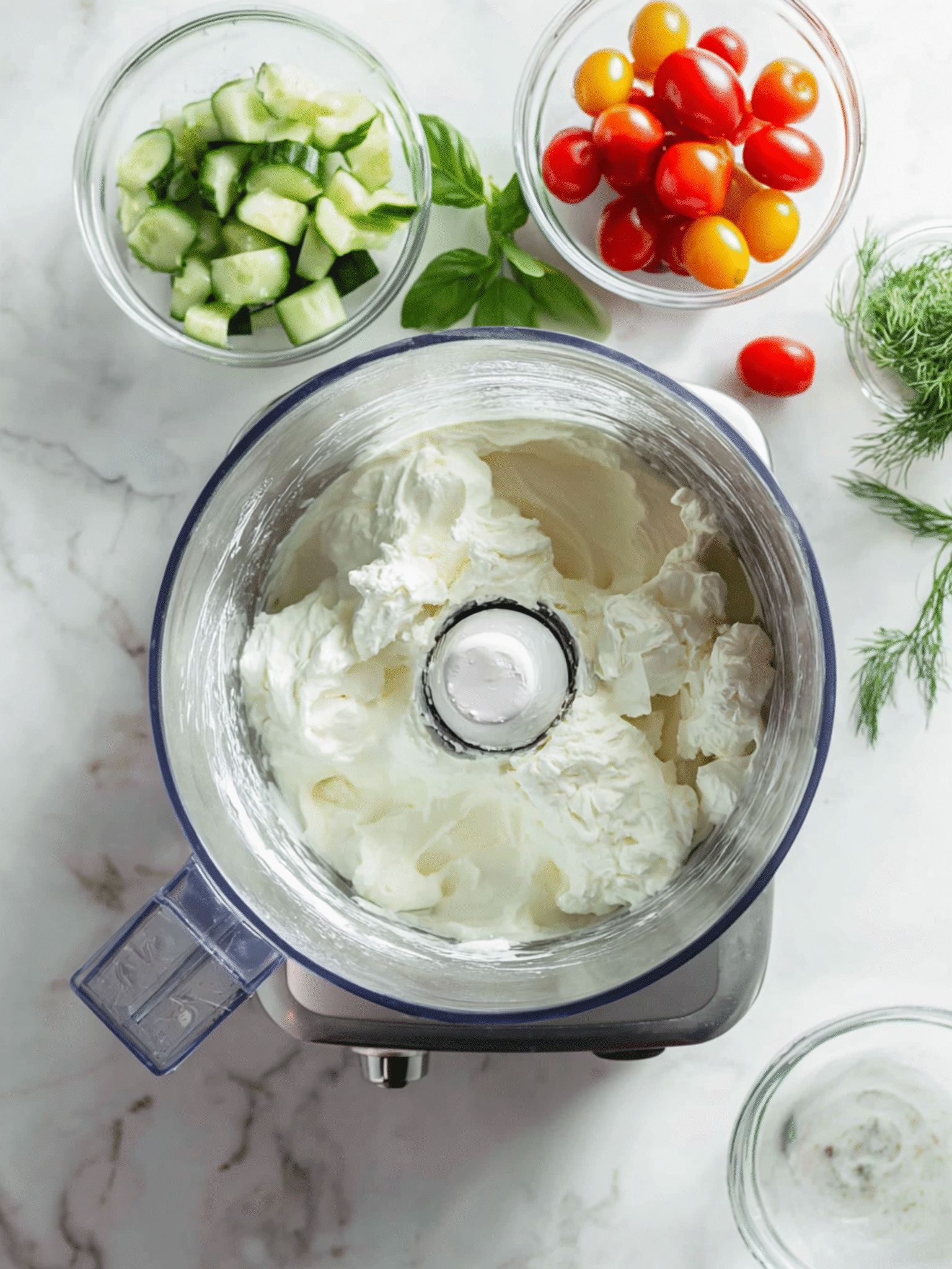 Preparing Blended Cottage Cheese Base Food processor with whipped cottage cheese and side bowls of vegetables and herbs