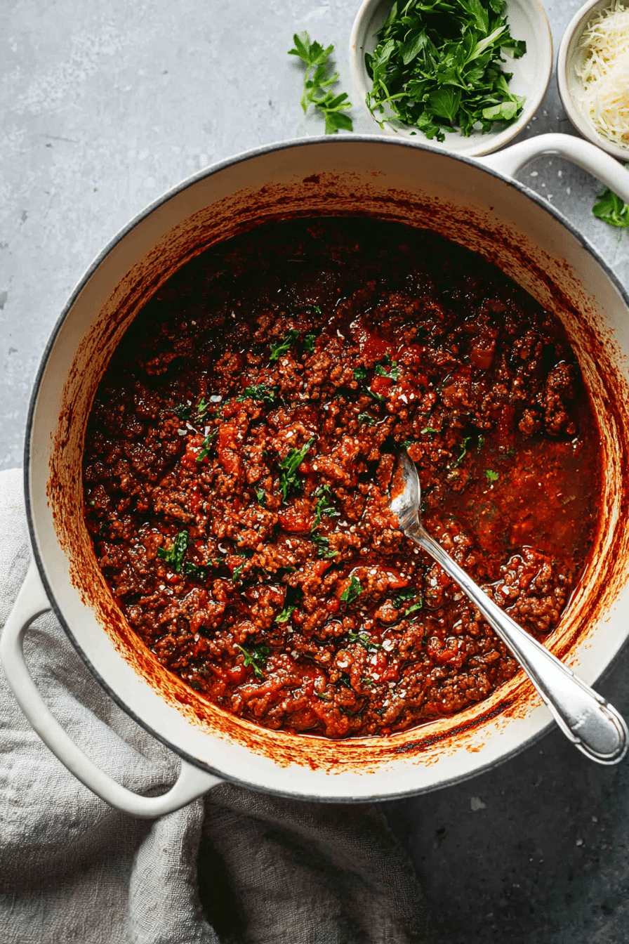 Preparing Easy Lamb Mince Ragu in a Cast Iron Pot Simmering pot of Easy Lamb Mince Ragu in a Dutch oven