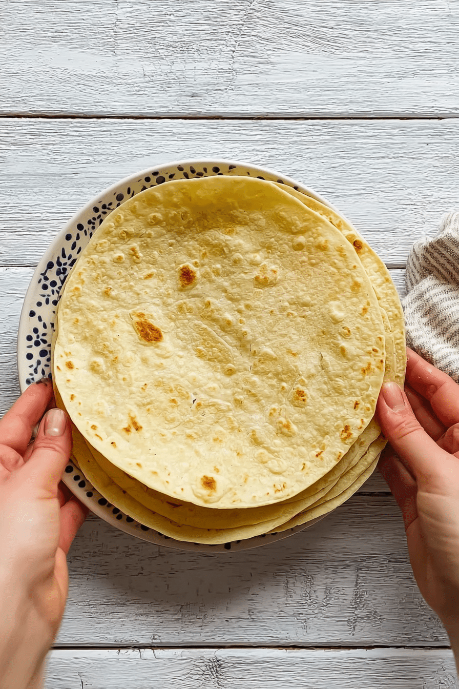 Preparing Keto Tortillas Hands holding a plate of keto tortillas above a rustic white table