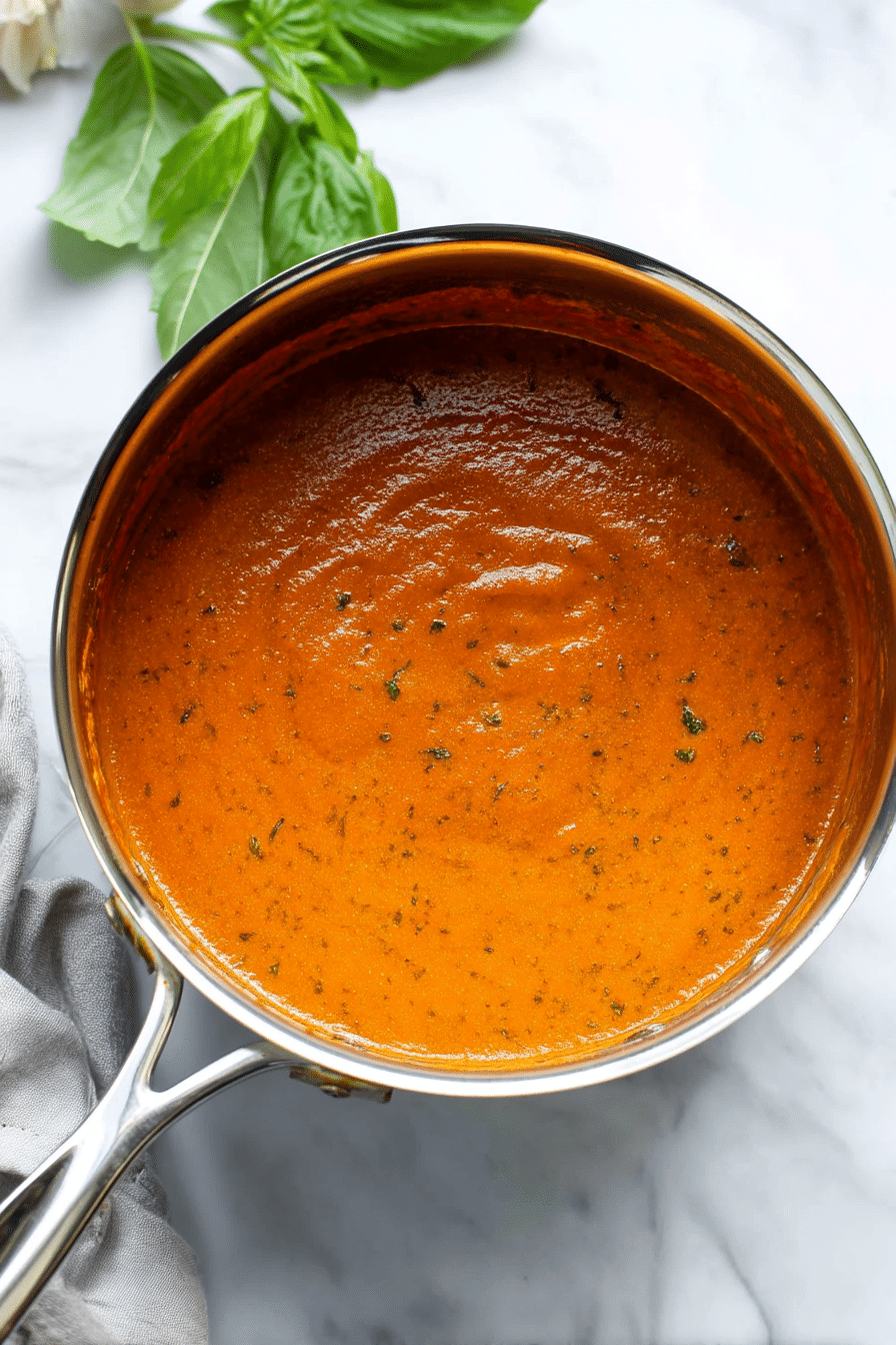 Simmering Roasted Tomato Garlic Soup in Pot Roasted tomato garlic soup simmering in a stainless steel pot with fresh basil nearby.