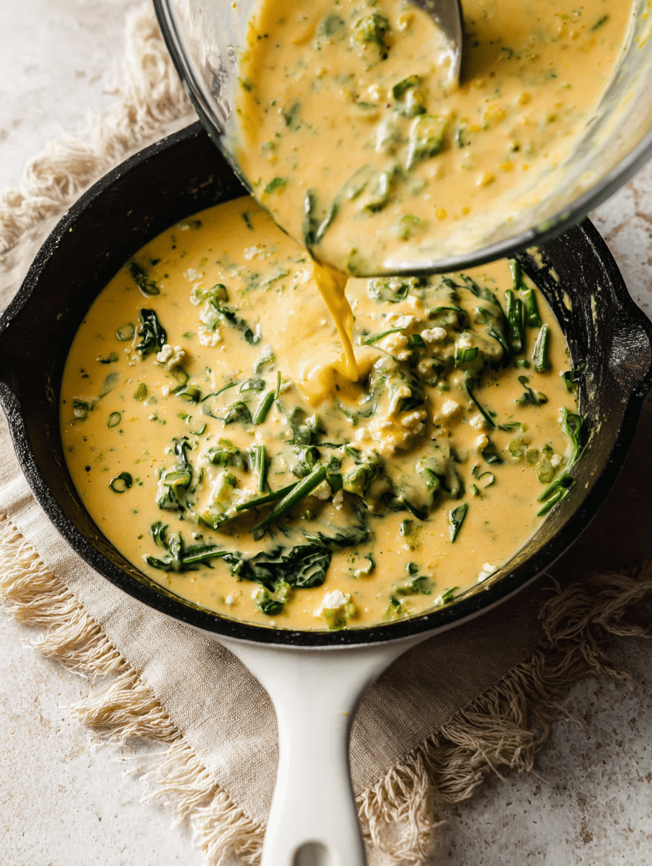 Pouring Egg Mixture for Spinach and Feta Crustless Quiche Egg mixture with spinach being poured into a skillet
