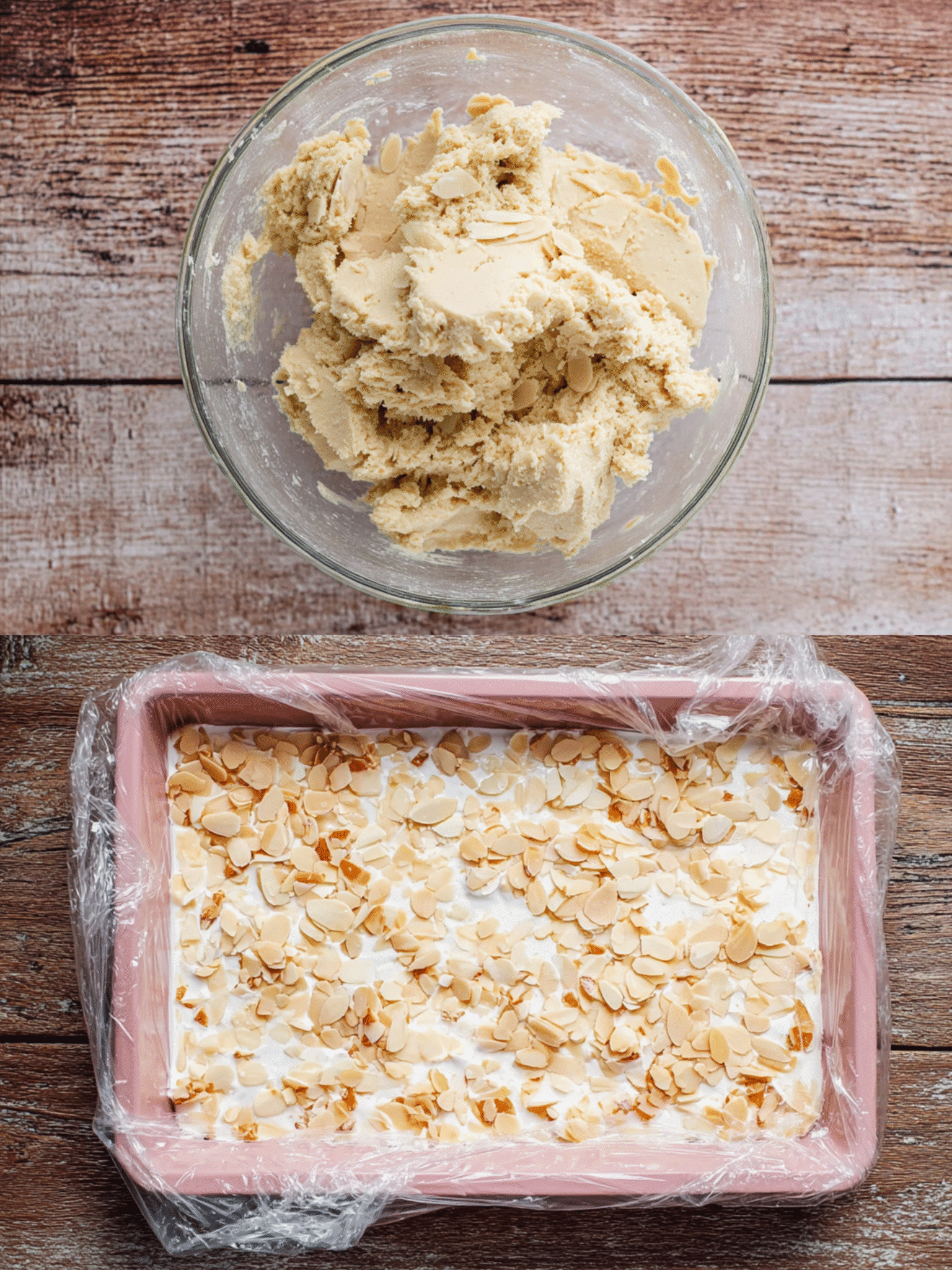 Dough and Tray of Vanilla Nougat Keto Protein Bars Preparing Vanilla Nougat Keto Protein Bars with dough and almond topping