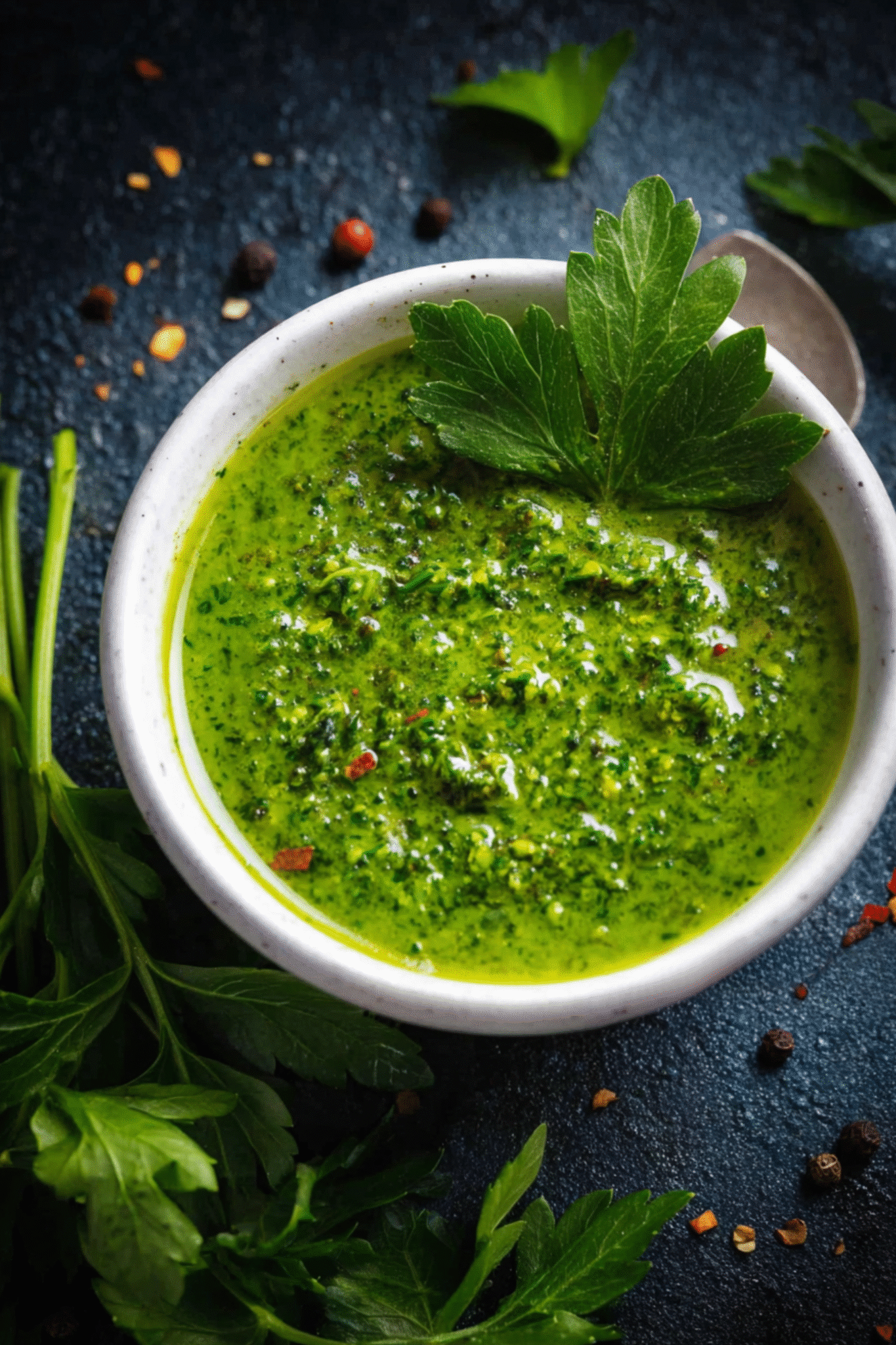 Preparing Cilantro Chimichurri from Scratch Homemade cilantro chimichurri in a ceramic bowl during prep
