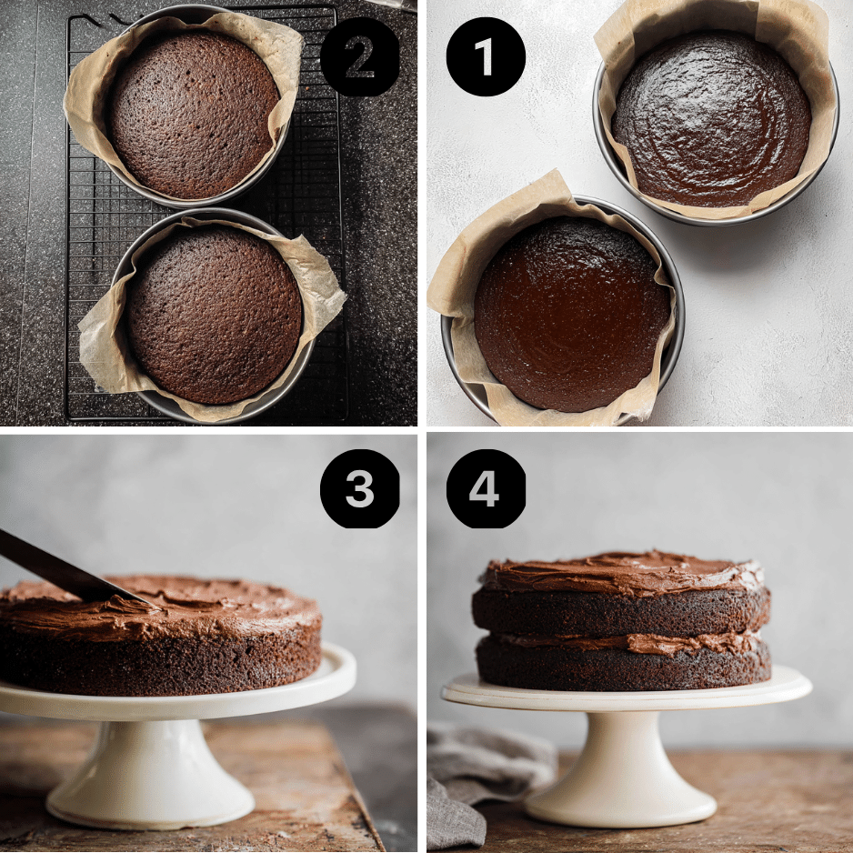 How to Make Keto Chocolate Cake in 4 Easy Steps Step-by-step preparation of keto chocolate cake layers and frosting