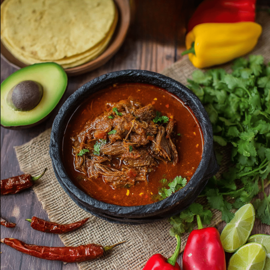Presenting Instant Pot Mexican Shredded Beef Mexican shredded beef in red sauce served in a black molcajete, avocado half, cilantro bunch and tortillas in background