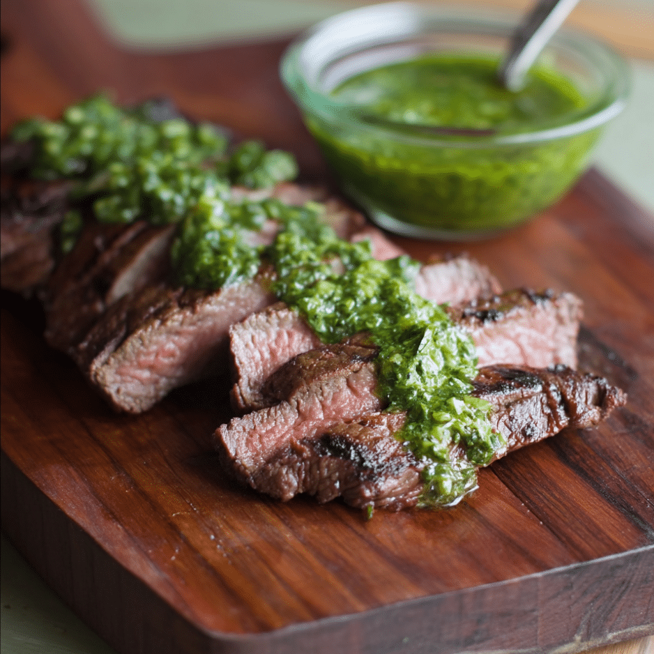 Grilled Steak with Basil Chimichurri Sliced grilled steak topped with vibrant green basil chimichurri sauce on a dark wooden cutting board