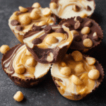 Top-down close-up of chocolate peanut butter cups topped with peanut butter chips and white chocolate swirls.