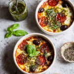 Baked Cottage Cheese Pizza Bowl with melted cheese and basil